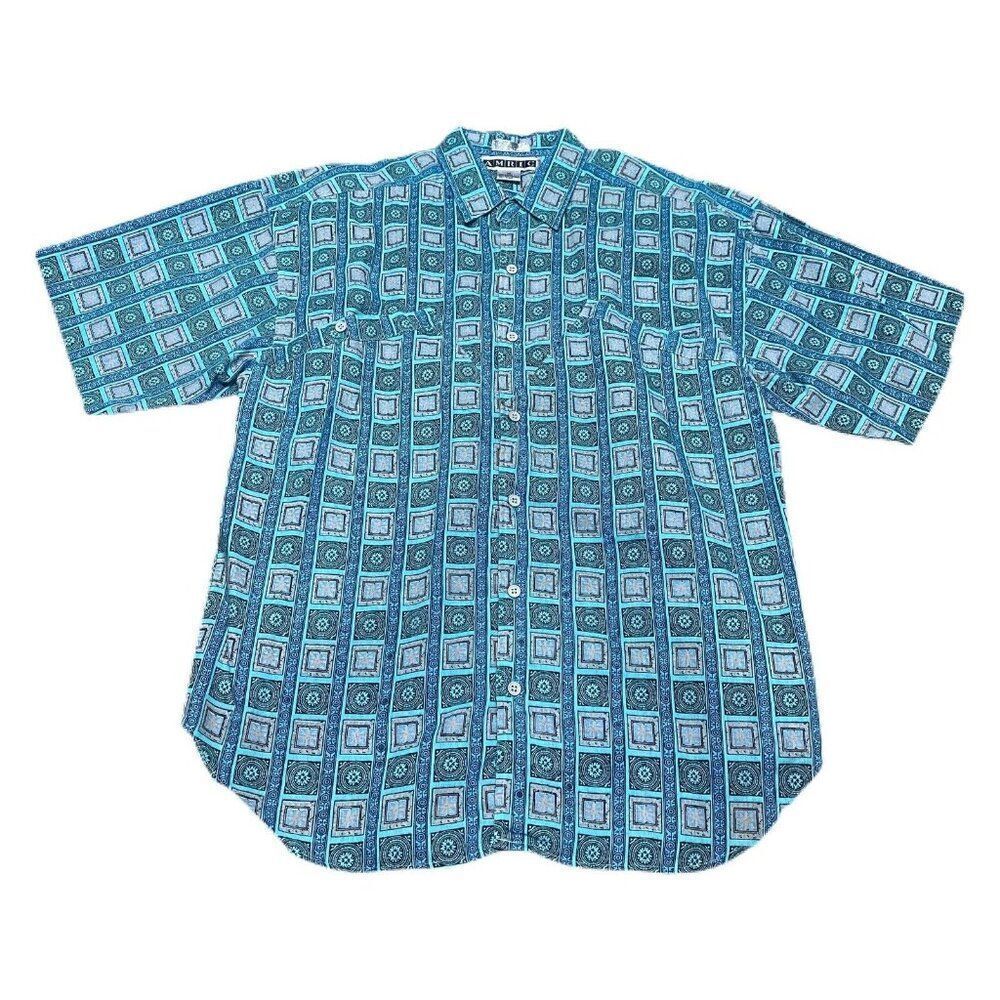 Vintage Geometric Linen Mens Amric Button Up Shirt Size M Blue Geometric Tribal